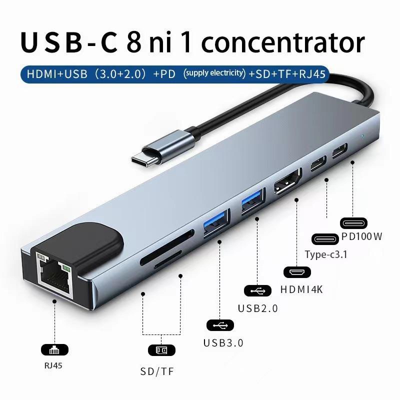 Bộ hub USB‑C 8 trong 1, chuyển đổi từ USB‑C 3.1 sang HDTV 4K với cổng RJ45 tốc độ 100 Mbps, đọc thẻ SD/TF, sạc nhanh PD 100 W, phù hợp cho MacBook, XiaoMi, huawei và laptop/notebook.