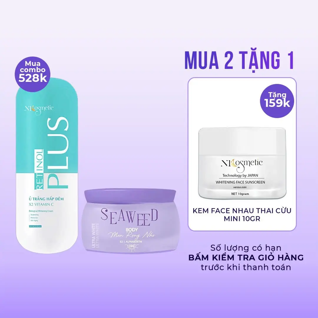 Combo Kem Ủ Trắng Đêm Retinol + Kem Body Ngày Men Rong Nho Npcosmetic Tặng Kem Face Nhau Thai Cừu 10Gram Skincare