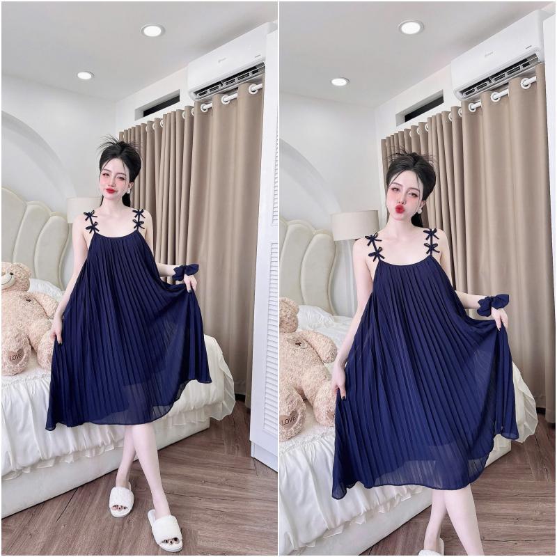 Product Introduction of Váy ngủ xếp ly bigsize 2dây đính nơ dễ thương bầu bí bon chen thoải mái chất chiffon có lót cầm nặng tay size 40-70kg 10