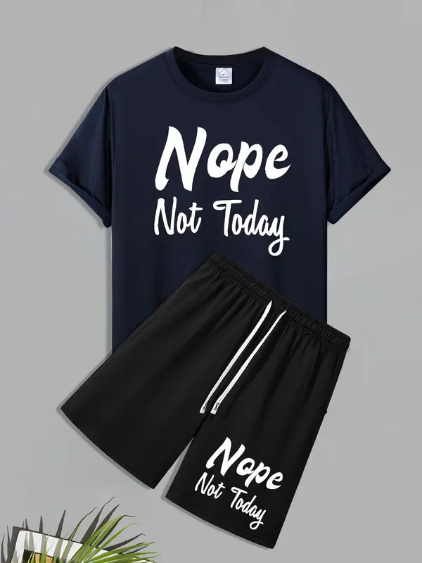 Men's Regular Fit Nope Not Today Letter Print Short Sleeve Tee & Shorts Set, Casual Round Neck T-shirt & Track Shorts, Men's Two-piece Outfits for Daily Wear 2