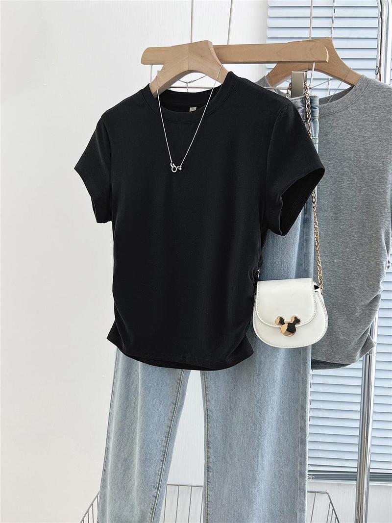 Product Introduction of Short pleated women's T-shirt waist design sweet short-sleeved summer cotton round neck top 18