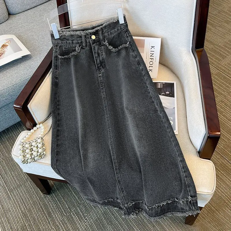 Fashionable Half-length Denim Skirt for Women Spring Autumn Summer Ins Trendy Elegant Frayed A-line Midi Skirt Straight Black Gray Bodycon Skirt
