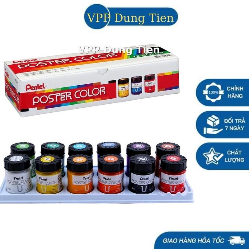 Màu poster Pentel bộ 12 màu bột pha sẵn POSTER COLOR lọ thuỷ tinh 30ml lọ nhựa 12ml ...