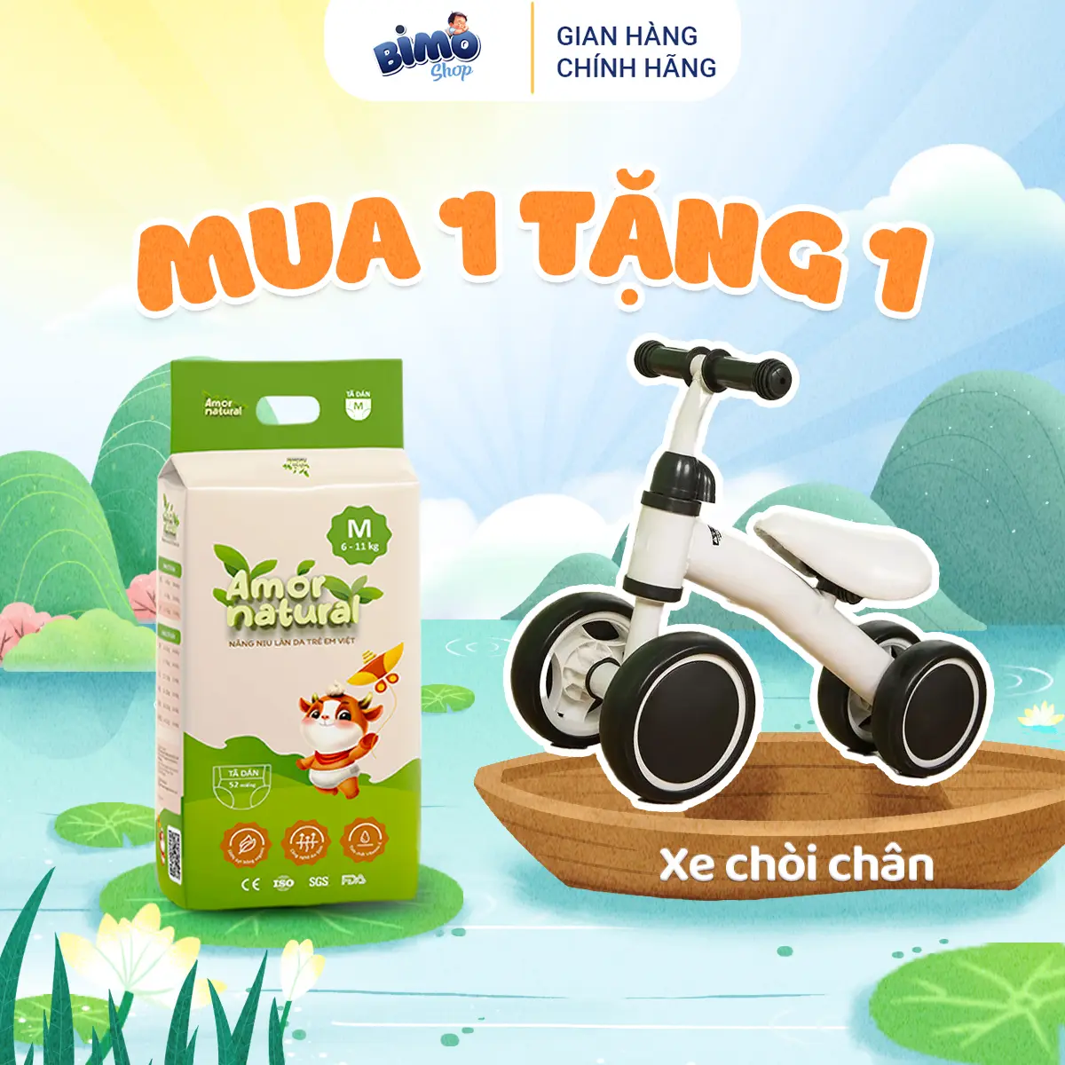 (1A) [TẶNG XE CHÒI CHÂN THƯỜNG] 1 Bịch Tã/ Bỉm AMOR NATURAL VIỆT NAM Thoáng Khí Mỏng Nhẹ Cho Bé