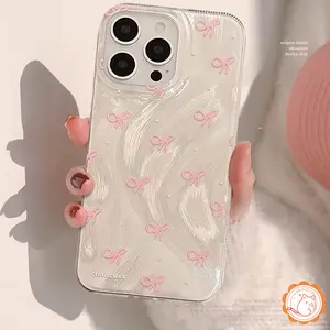 Casing Untuk VIVO Y21 Y12 Y15s Y27s Y100 Y20i Y12i Y15 Y21s Y36 Y28 Y18E Y20s G Y03 Y02 Y17s Y18 Y27 Y21T Y02T Y12 Y91 Y30 Y22 Y91C Y16 Y19 Y51 Y22s Y50 V30 V25 V29 V23E Trendi Cantik Pita Simpul Mutiara Merah Muda Berwarna Pita Mewah Bulu Benang Kasus
