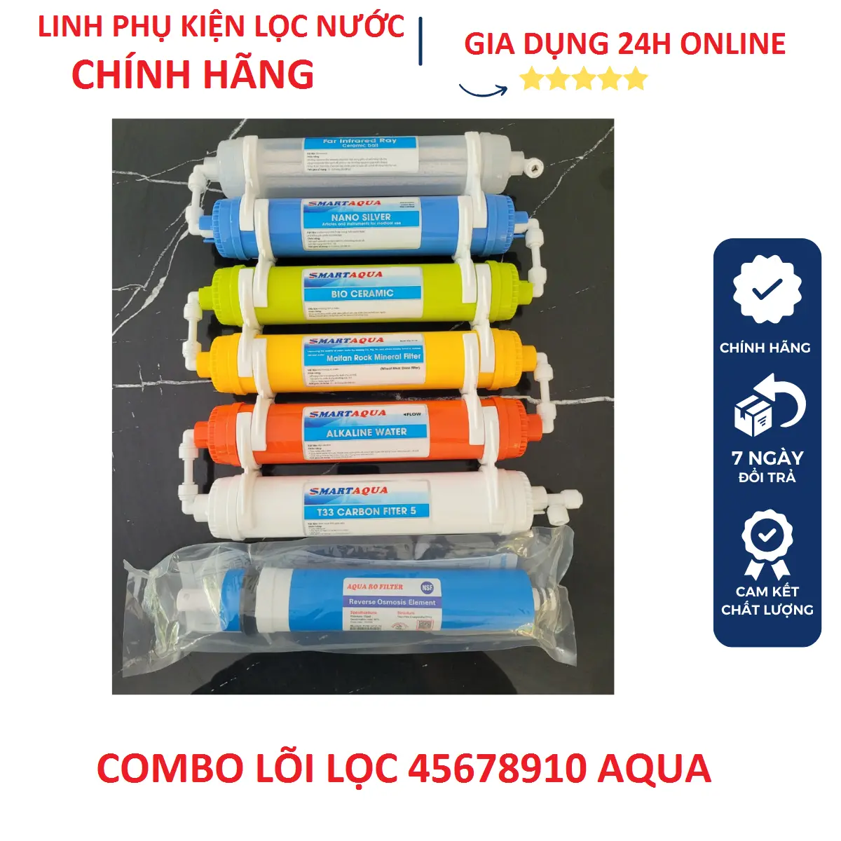 Bộ lõi lọc 4,5,6,7,8,9,10 gồm lõi số 4 màng RO và các lõi chức năng 5678910 cho máy lọc nước Ro
