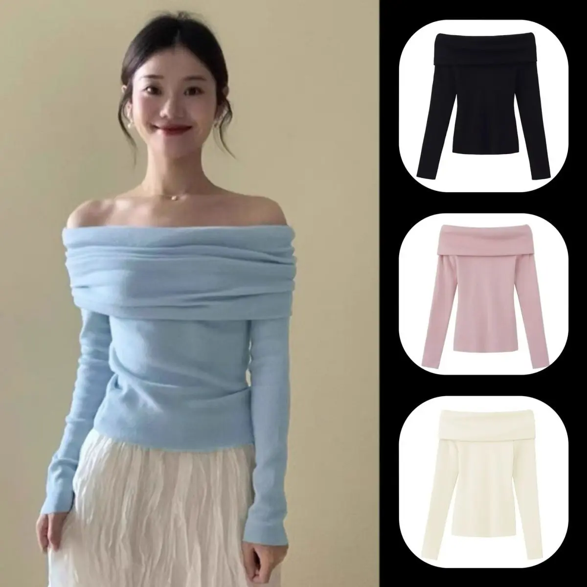 Áo Len Trễ Vai Áo Nữ，áo len nữ kiểu đẹp, áo len nữ kiểu hàn quốc，Women Top Màu Đen，mini shirt，sơ mi nữ đẹp，áo trễ vai 2 bên，áo sơ mi nữ kiểu mới