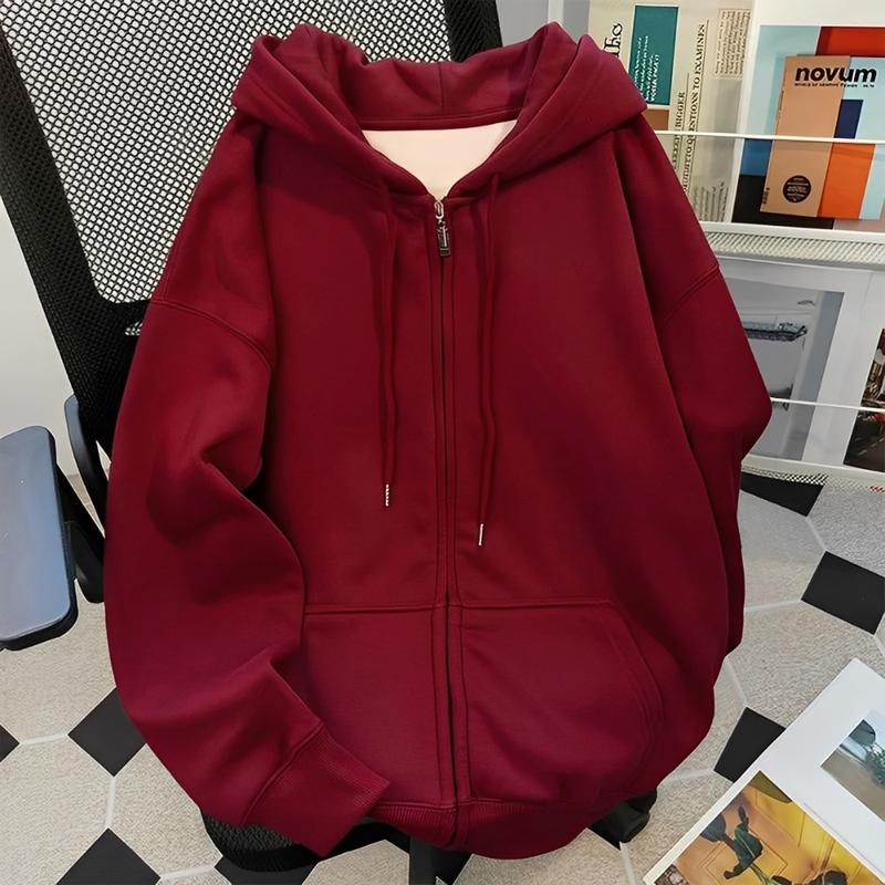 Áo Khoác Cardigan Dáng Rộng Thoải Mái Màu Đỏ Rượu Vang 100% Polyester Có Khóa Kéo Toàn Bộ Dành Cho Cả Nam Và Nữ