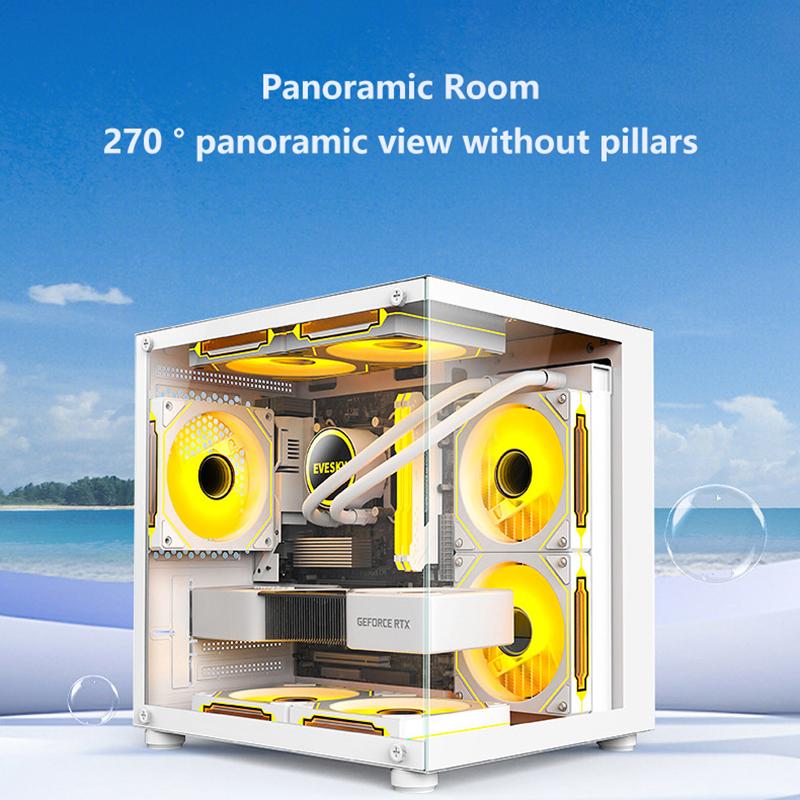 Product Introduction of 270 Degree Glass PC Case Transparent Desktop Computer Tower For M-ATX/ITX Motherboard SSD 7 Air Cooling Fans 320mm Graphic Card 16