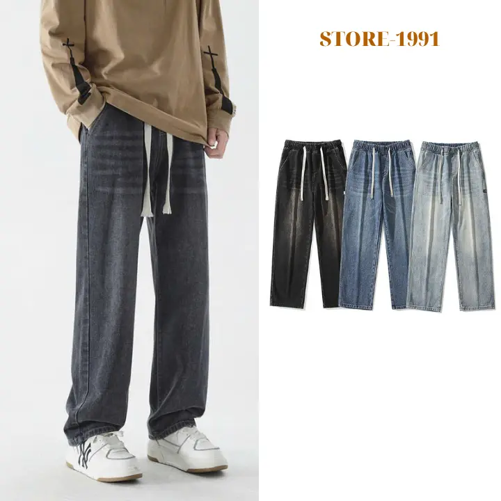 Quần Jean nam loang baggy wash 2 màu ống suông rộng dáng đứng vải jean bò cao cấp hottrend Ong Menswear Pants Có Túi xxl dây rút Xanh Xanh không khô sạch xxl suong dep