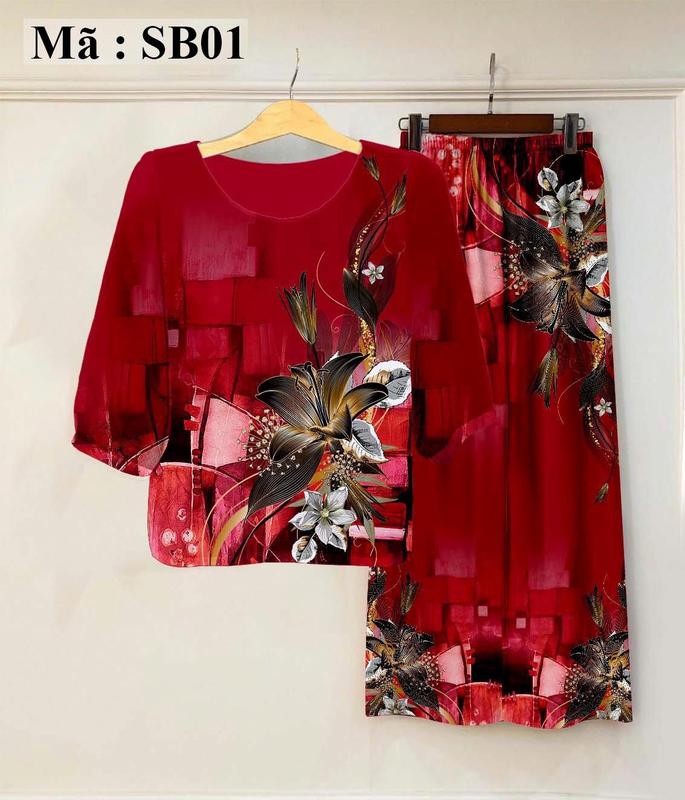 Đồ bộ trung niên nữ sang trọng chất lụa cao cấp từ 40-85 kg có size Nữ Women Voi Áo Top Polo Sen Kem Hoa Sen Quần Ngủ Áo ngủ Pijama