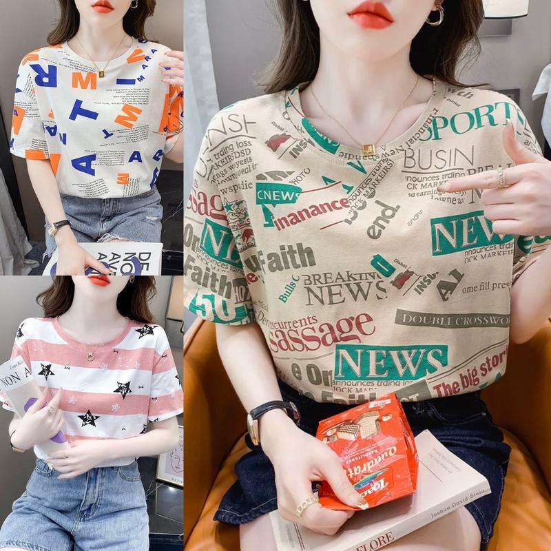 Combo 3 Áo Phông In Nhiều Họa Tiết Thanh Lịch Chất Cotton Thoáng Khí Có Quà Tặng Đính Kèm Women Nữ Top Thun Kem 0