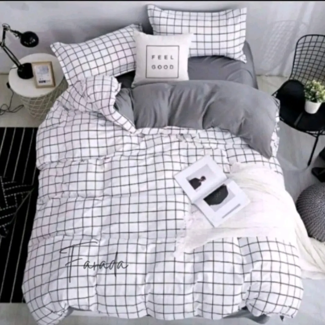 #bed cover set#motif kotak putih mix abu polos#aesthetic# Katun Lembut Bantal Bedcover