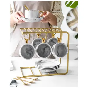 ASHOME gelas marble set dengan piring dan sendok/ cangkir set keramik marble list gold lengkap dengan gantungan emas