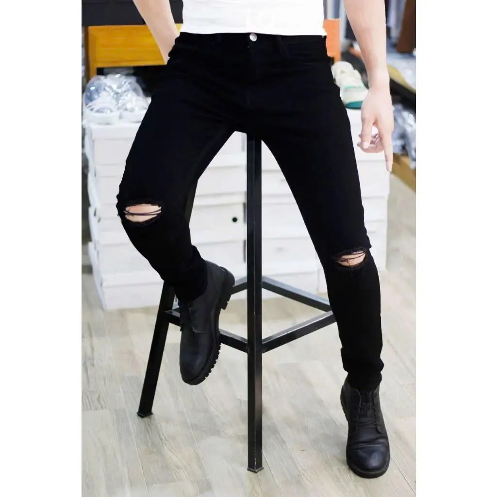 Quần Jean Dài Nam Chất Vải Co Dãn Màu Đen Rách Gối Menswear Pants Có Túi