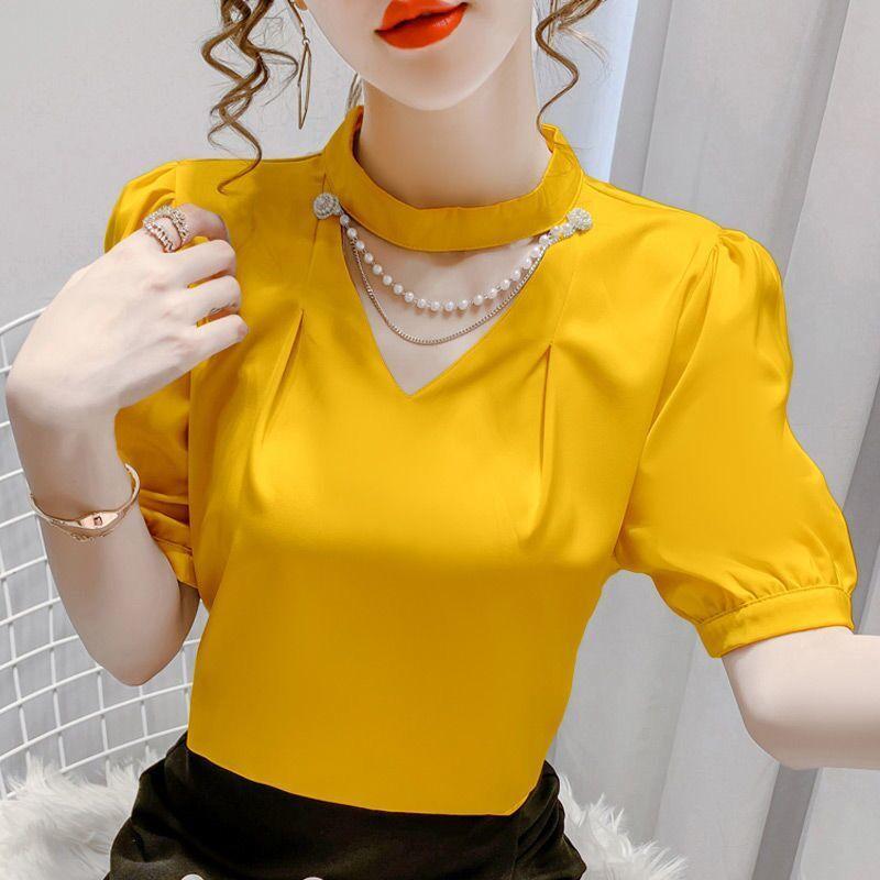 Áo Voan, Ngắn Tay, Dáng Rộng Vừa Vặn, Dành Cho Nữ, Cổ Yếm Dây Chuyền Ngọc Trai, Màu Trơn Cỡ Lớn, Áo Mùa Hè, Phong Cách 2024, Hàng Mới Về 1