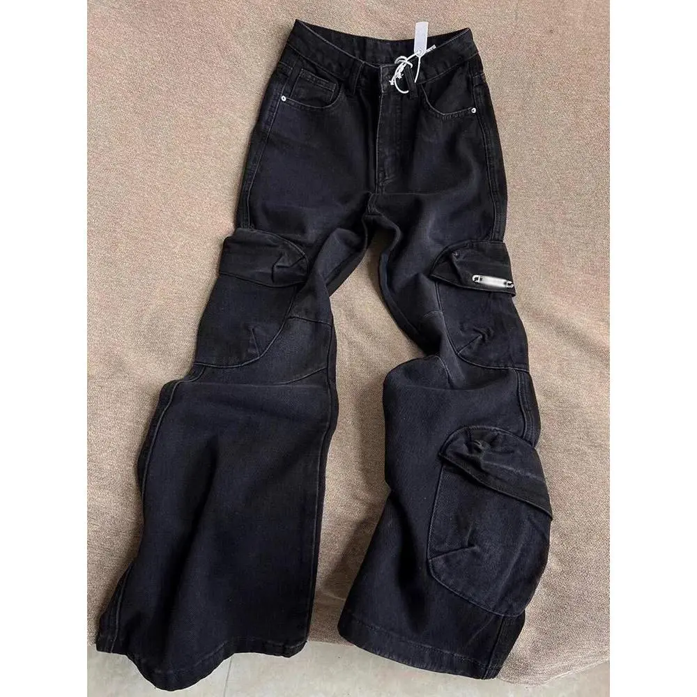 Quần Yếm Denim, Phong Cách Mỹ Cổ Điển Quần Dài Ống Loe, Dành Cho Nữ, Cạp Cao, Màu Đen Và Xám, Có Túi, Ôm Vừa Vặn, Quần Yếm Ống Loe Siêu Nhỏ, Cô Gái Nóng Bỏng