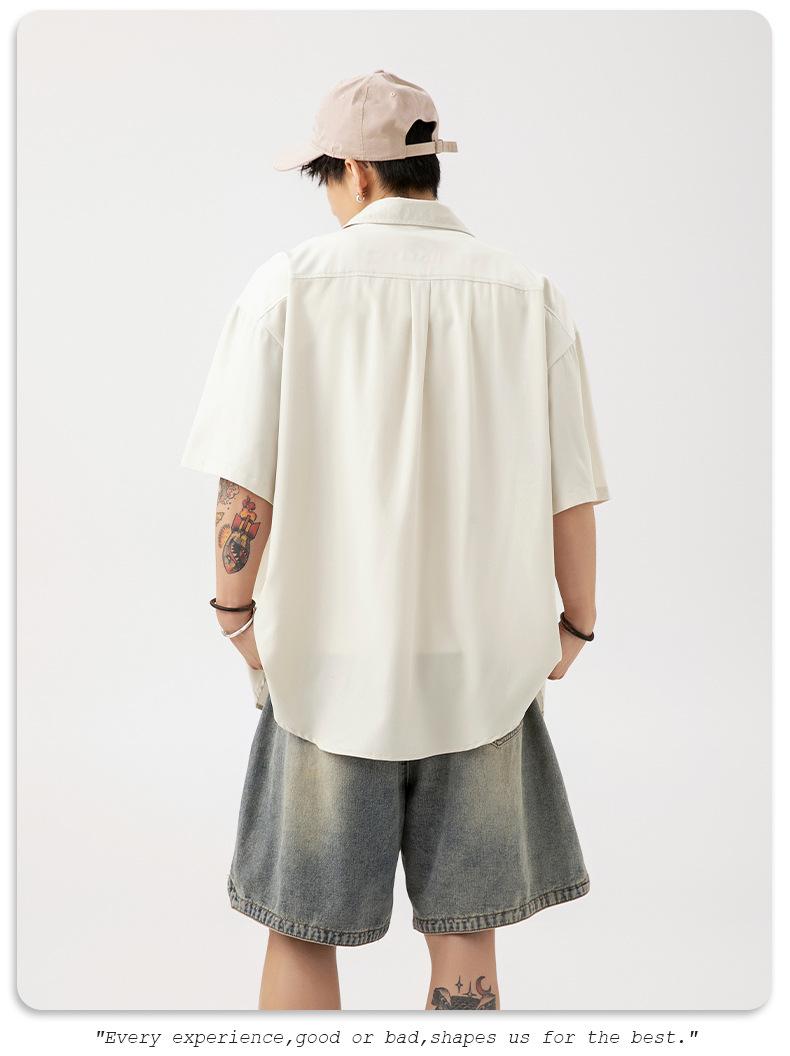 Product Introduction of Korean Men's Smooth Draping Short-Sleeved Shirt Men's Summer New Pure Color Couple Casual Loose Shirt Jacket Menswear Top Lingerie Human Oversize Plain Beige Baggy Vintage Tights Collar Collared Tropical 21