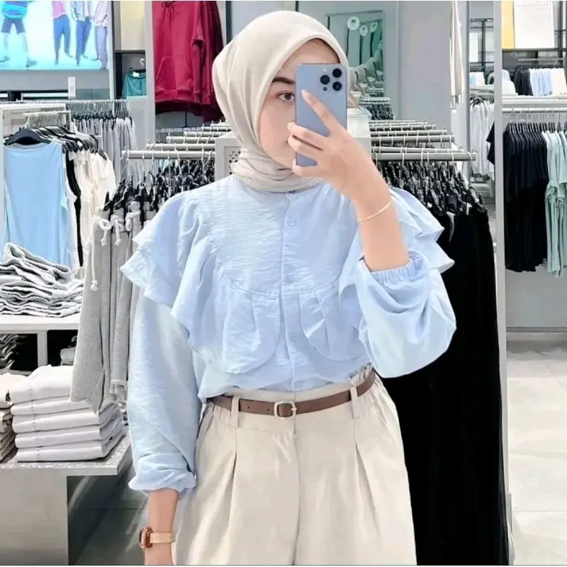 Blouse Polo Linen Atasan Wanita Ruffle Polos Polo Linen Raffela Kemeja Kekinian Kancing Kerah
