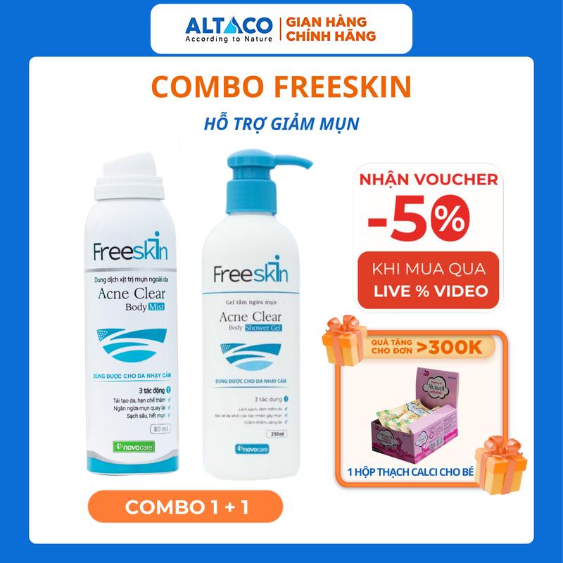 Combo 1 Xịt Mụn Lưng Freeskin 80ml & 1 Chai Gel Tắm Ngừa Mụn 250ml Forte Hỗ Trợ Giảm Mụn, Mờ Thâm, Dưỡng Sau Mụn, Dưỡng Body