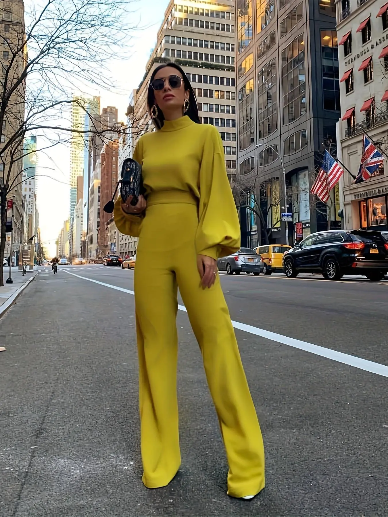 Women's Plain Cut Out Bishop Sleeve Jumpsuit, Elegant Long Sleeve Stand Collar Jumpsuit for Fall & Winter, Ladies Clothes for Daily Wear