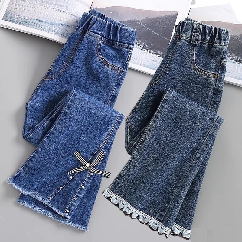  Quần Jean bé gái loe ống phối Ren Nơ Kẻ siêu HOT cho bé size từ 18kg - 50kg Trơn ao khoác quan  jean quan  le 