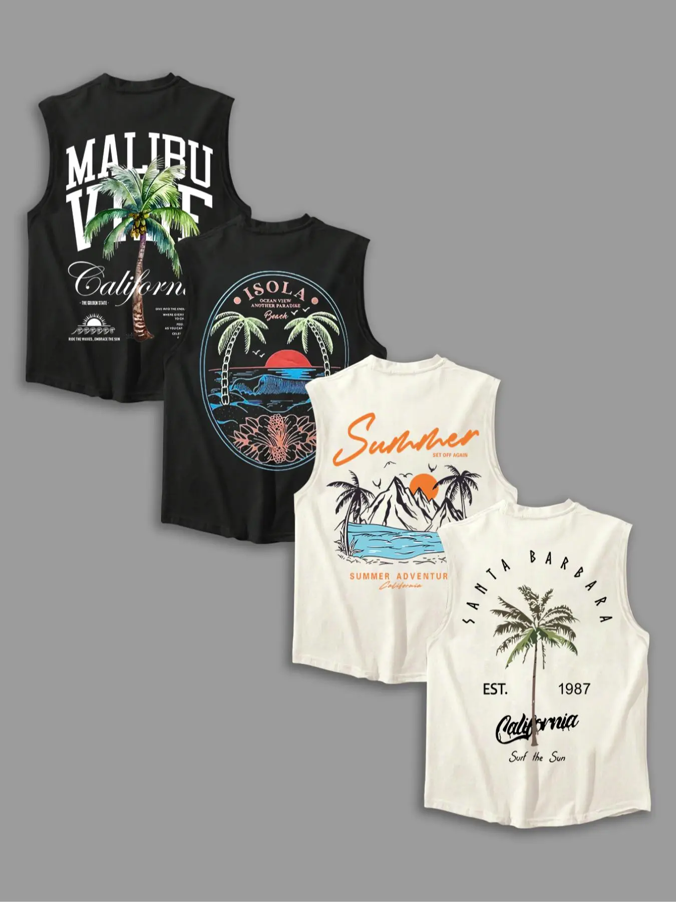 Men's Letter & Tropical Print Round Neck Tank Top, Regular Fit Casual Sleeveless Crew Neck Vest for Summer Island Vacation, Men's Top for Daily Wear, Mens Clothing