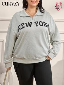 CURVZY Plus Size Letter Print Sweatshirt, Casual Long Sleeve Pullover for Spring & Fall, Women's Clothing for Daily Wear