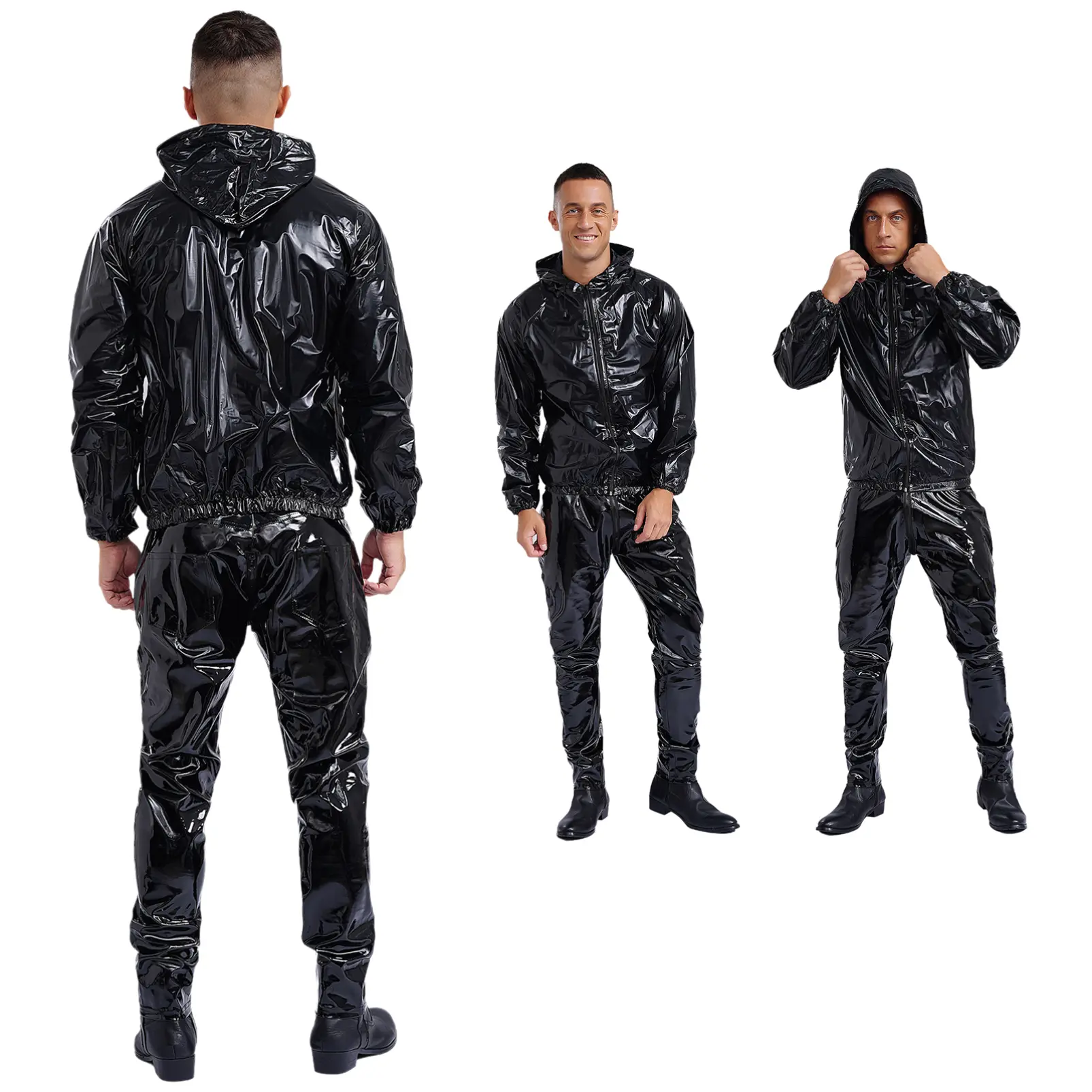 YOOJIA Unisex Mens Sauna Suit MMA PVC Sweat Suit Gym Fitness Hooded Jacket Tops with Pants,Boxing Sauna Suit