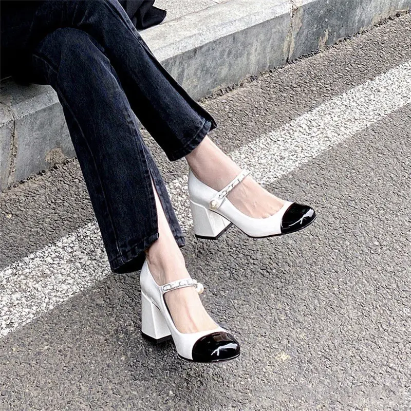 Giày nữ 7f gót vuông vá mũi quai dán có gắn xích (phong cách Pháp cổ điển) AC850 Nhung Jean DéP Cao Su Shoes giay  7