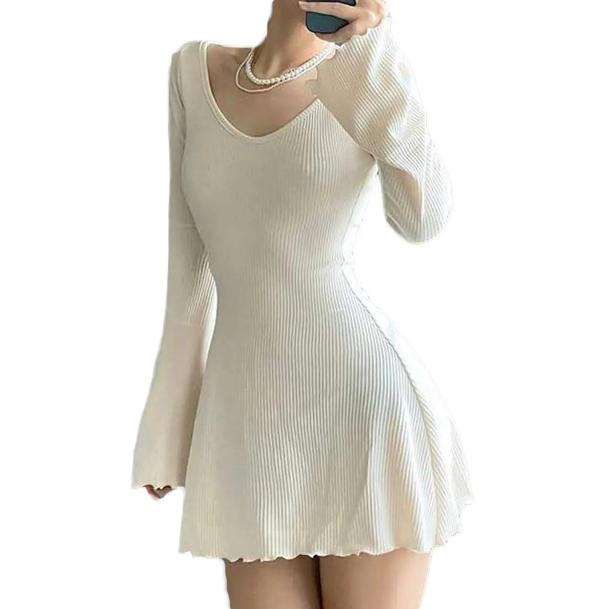 Women Summer Slim A-Line Dress, Solid Color Ribbed Long Sleeve V-Neck Slim Fit Mini Dress for Party, Beach
