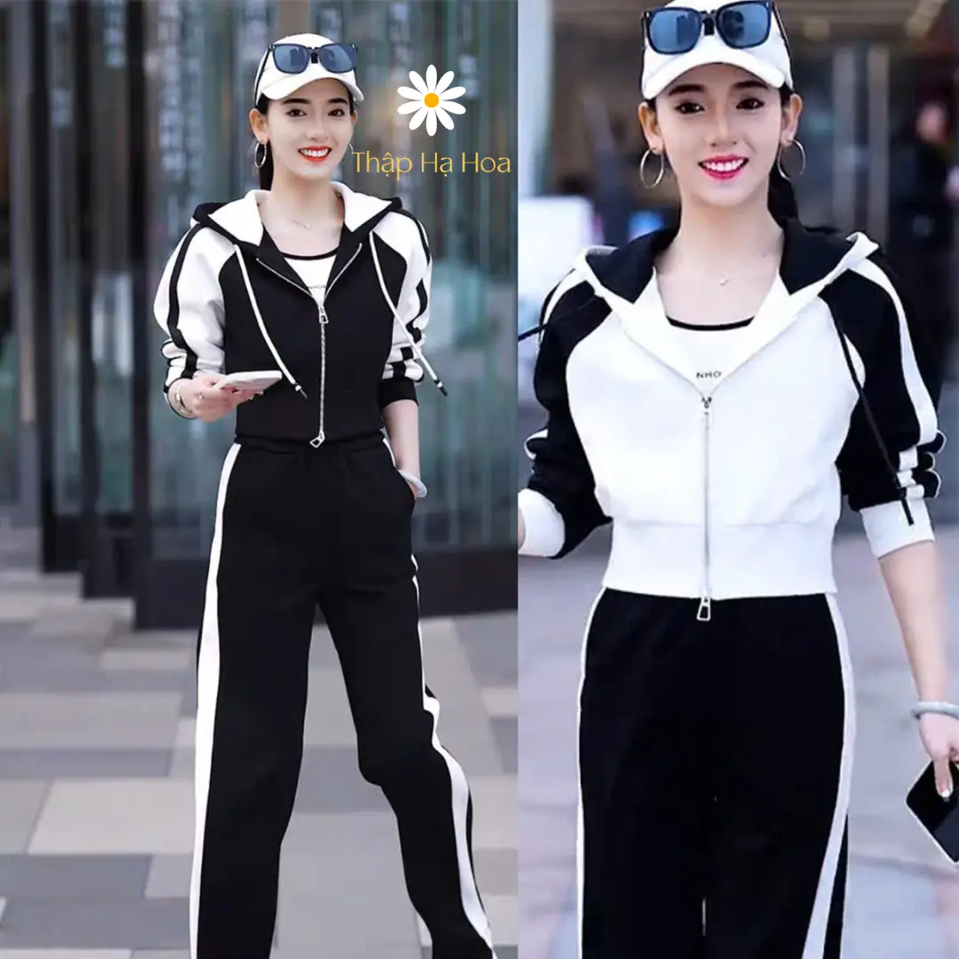 Set đồ thể thao nữ áo khoác dáng ngắn có mũ tay bo gấu kèm quần ống suông sọc viền TS323