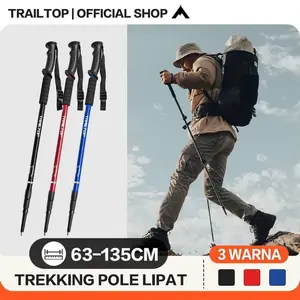 TRAILTOP Tongkat Gunung Lipat Adjustable 65-135cm Trekking Pole Anti Slip untuk Pendakian Gunung Bahan Paduan Aluminium 3 Warna Hitam Biru Merah Outdoor Camping