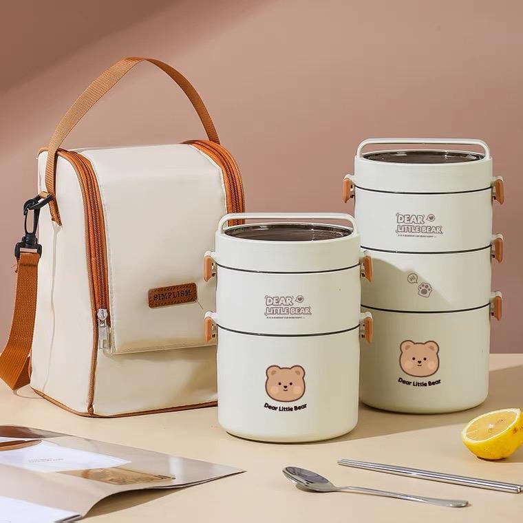 Hộp Cơm Nhiều Tầng Giữ Nhiệt Dear Bear, Cà Mèn Đựng Cơm Cao Cấp , Chất Liệu Inox 304 Tặng Túi Giữ Nhiệt