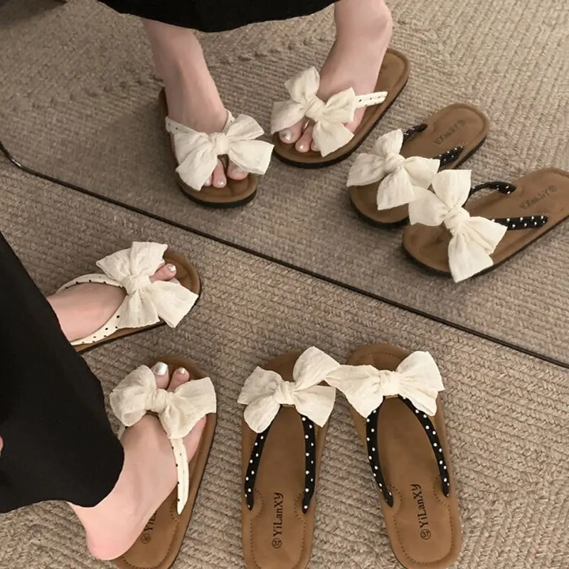 Dép Mũi Phẳng, Thiết Kế Thắt Nơ Thanh Lịch, Dành Cho Nữ, Thích Hợp Cho Mùa Hè, Có Thể Mặc Ngoài Trời, Phong Cách Mới, Có Thể Mặc Với Váy, Dép Chống Trượt Ins Phổ Biến, 2024