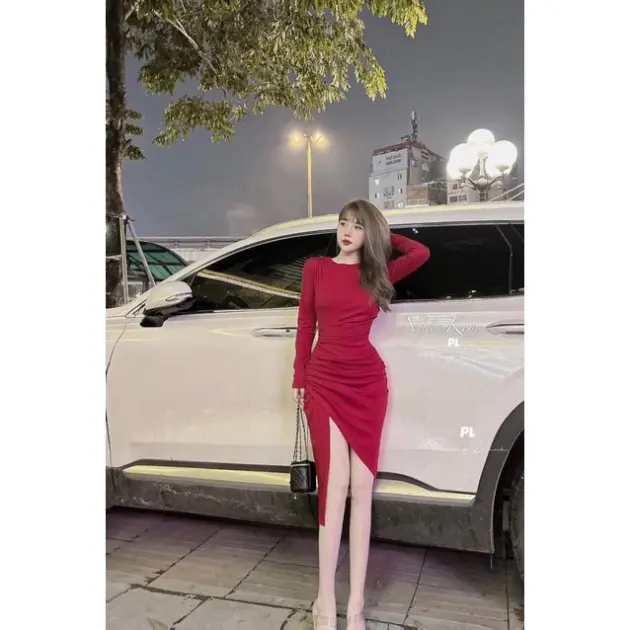 Đầm body cổ tròn tay dài ly eo, đuôi vạt chéo thun Borip Nữ Voi Ong vaytet vaydodonnoel  🎄