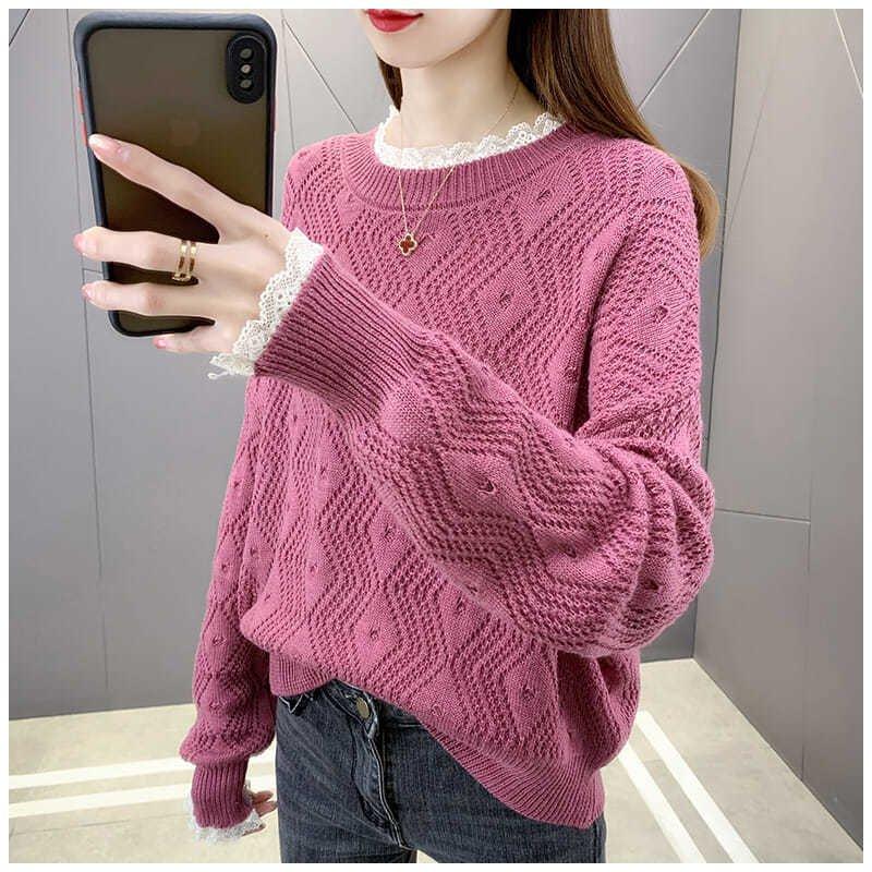 Áo len nữ cổ tròn dài tay pha ren 2