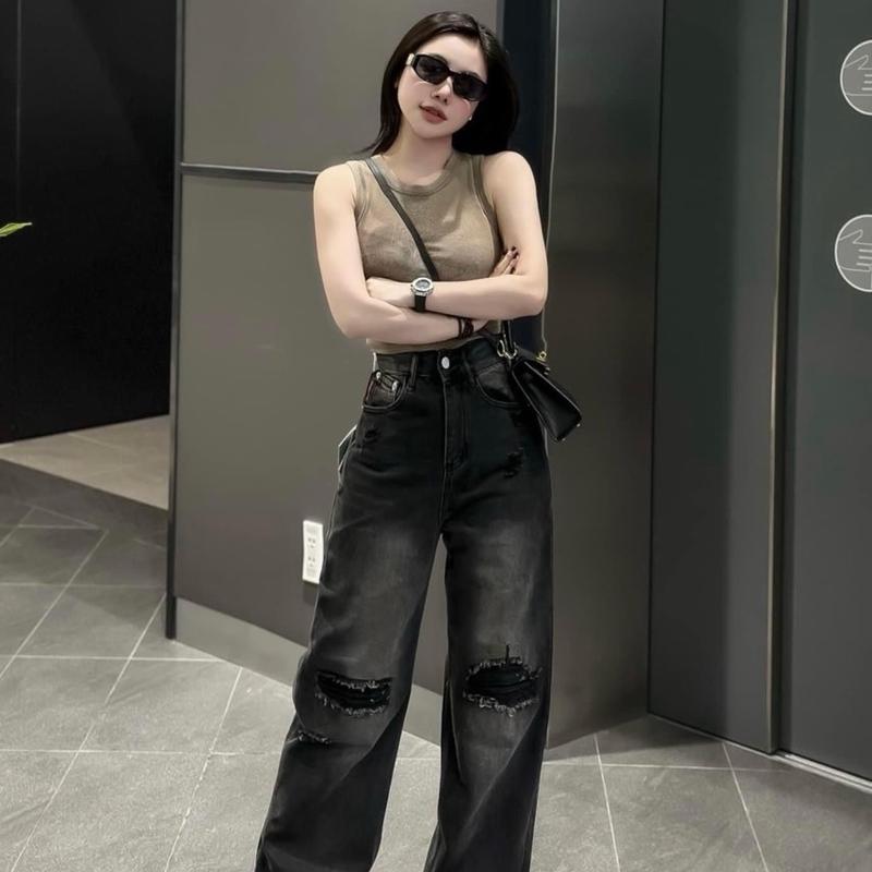 Kang (S-2Xl) Quần Jeans Suông Rách Màu Đen Wash 2 bênWomen Pants 1