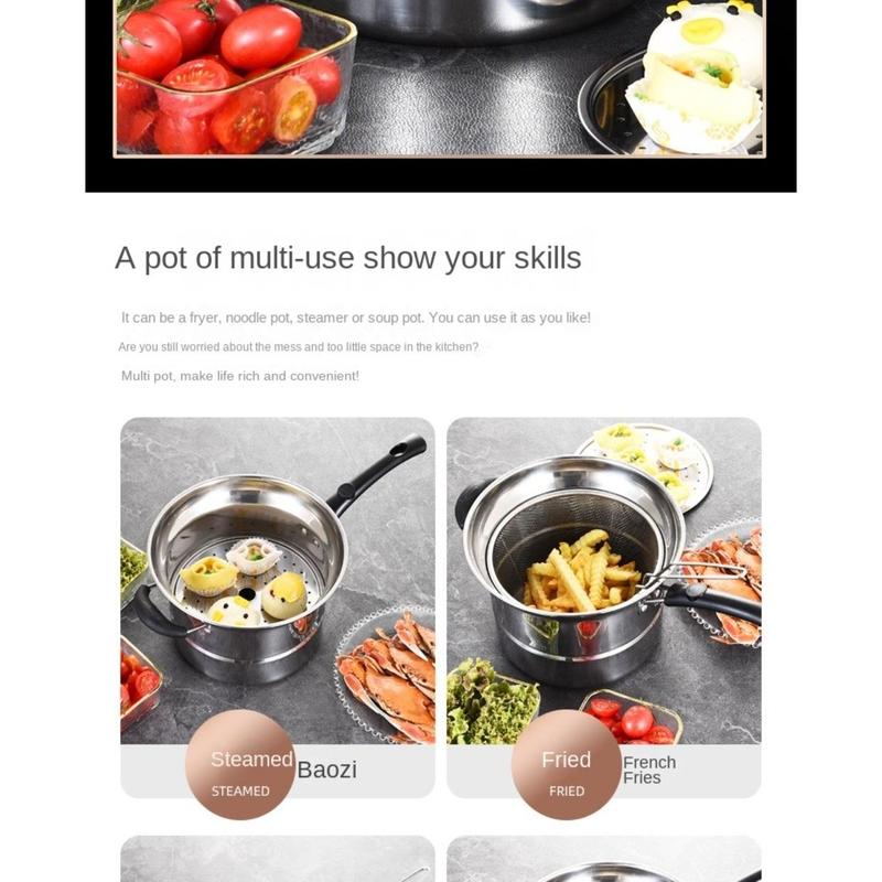 Product Introduction of toinof Multifunctional Stainless Steel Deep Fryer Pot with Strainer with Steaming Tray Saucepan Soup Pot Foldable with Pasta Colander Tempura Pot French Fries 26