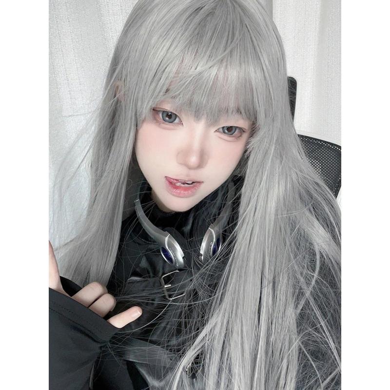 Wig Female Online Influencer Long Straight Hair Daily Gray Lolita Japanese Full-Head Wig JK Vigorous Sweet Cute Hair Cover 3