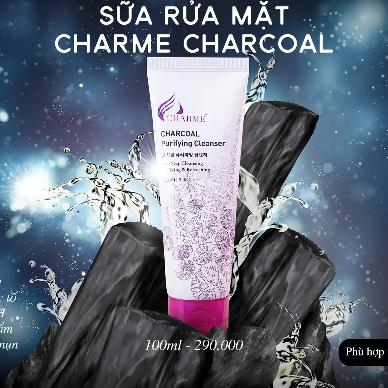 Sữa Rửa Mặt Than Hoạt Tính Charme 100ml - Hỗ Trợ Làm Sạch Sâu - Ngăn Ngừa Mụn- Cân Bằng Độ PH Skincare