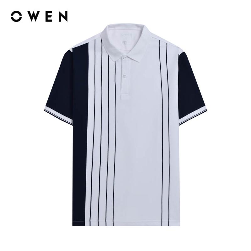 OWEN - Áo polo Nam ngắn tay Có Cổ Bodyfit APV233191 màu Trắng in navy chất liệu CVC Spandex -   Hoạ tiết Kẻ sọc Menswear