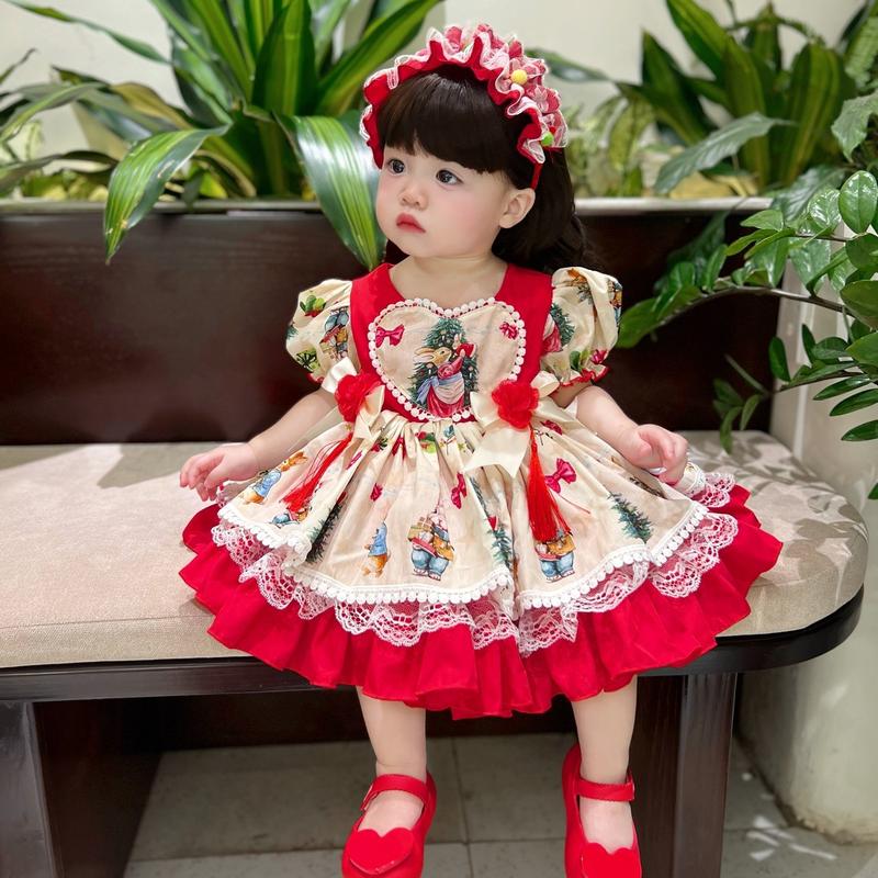 Váy Lolita Thỏ 2 Hoa Đỏ Kèm Cài Và Chip 4-19 Kg,Váy Cho Bé Gái Đầy Tháng Sinh Nhật Chất Thô Lụa Mềm