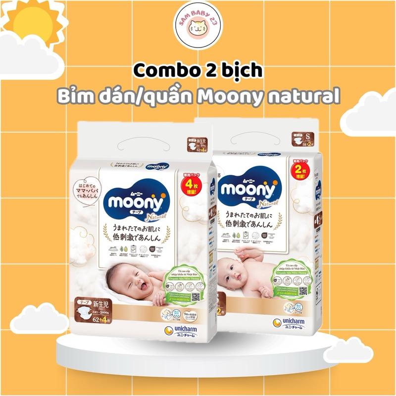 [COMBO 2 BỊCH] Tã/bỉm dán quần Moony Natural siêu cao cấp NB62+4/S58+2/M46/L36/XL32 cho bé - Nhập khẩu từ Nhật Bản