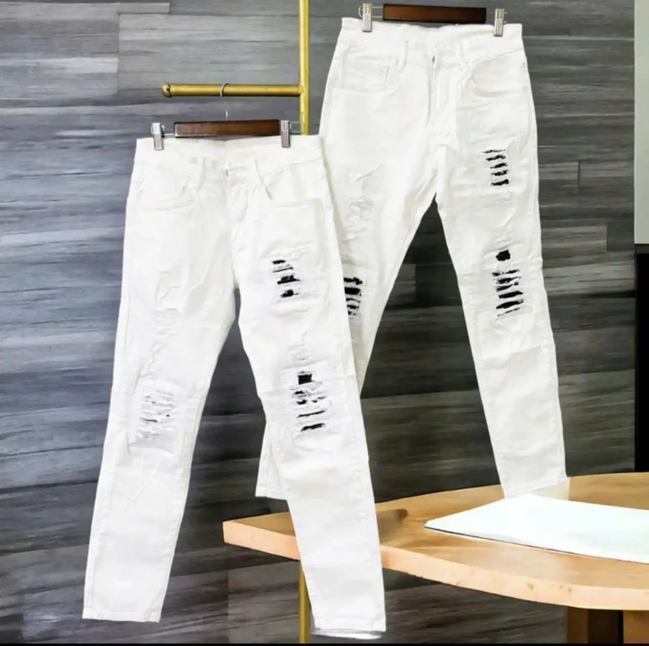 Quần jean nam trắng vá da đen chất jean dày dặn boy phố -GINMAN Pants Menswear Có Túi