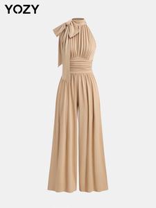 YOZY Women's Solid Ruched Knot Jumpsuit, Casual Sleeveless Wide Leg Jumpsuit for All Seasons, Women's Clothes for Daily Wear