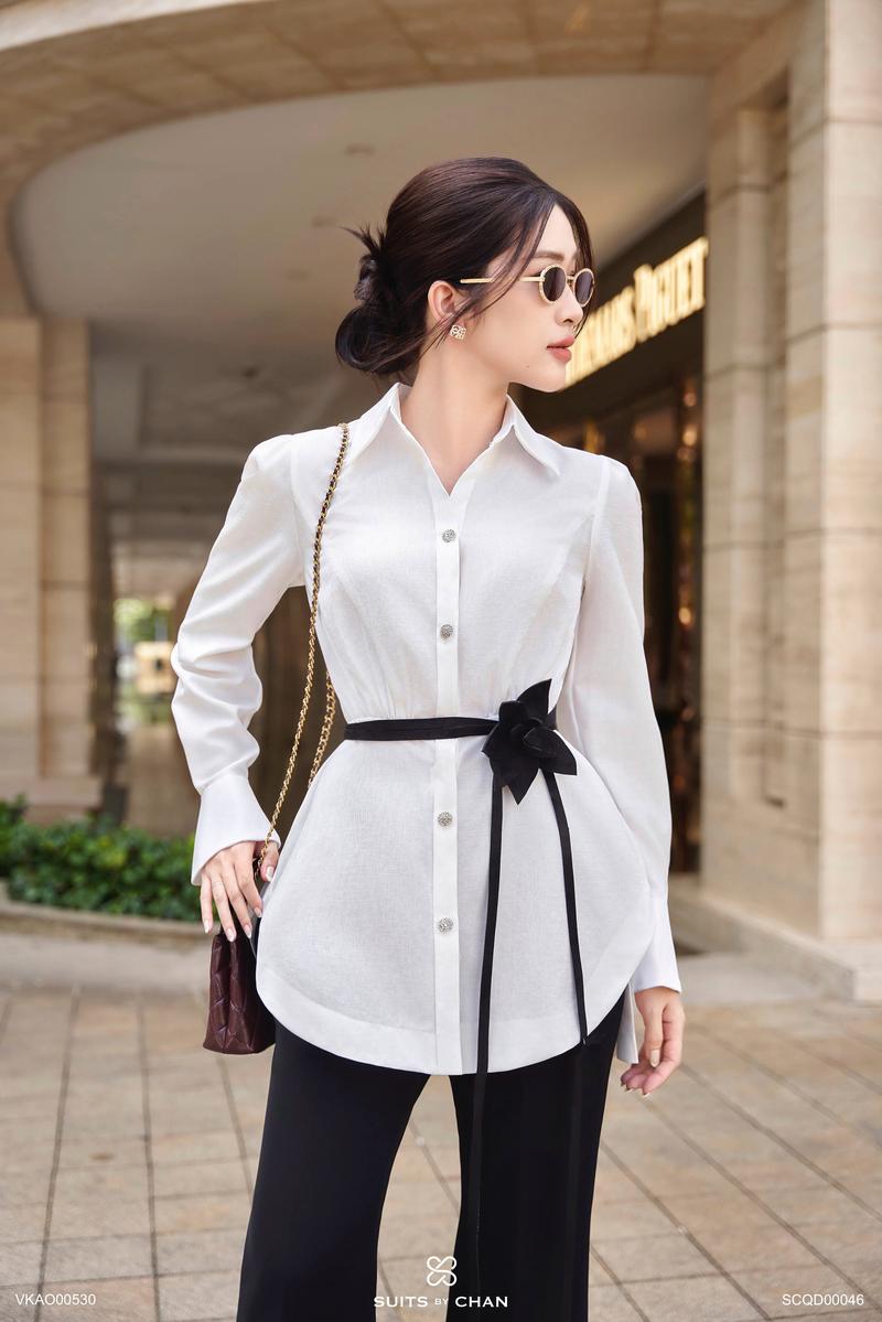 Product Introduction of SUITS BY CHAN - Áo sơ mi kiểu tay dài xếp li tà sau (Ko kèm belt), Quần dài ống loe - VKAO00530 SCQD00046 Nữ Women 44