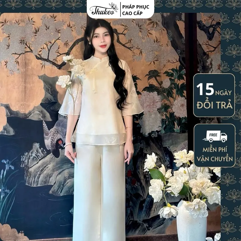 (MA50) Pháp phục đi chùa THUKEO mẫu tơ in 2 lớp mềm mịn cổ tàu thanh lịch Women Nữ 7
