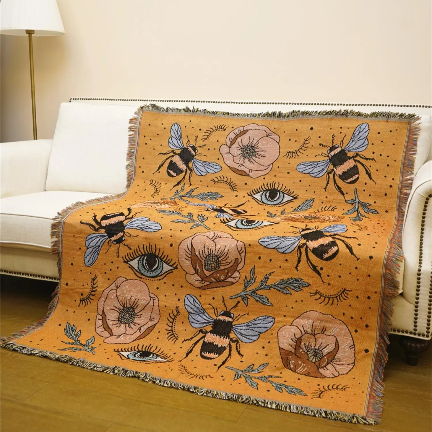 Bee & Flower & Eye Pattern Blanket, 1 Count Bohemian Ethnic Style Throw Blanket, Soft Warm Napping Blanket for Home & Office & Travel & Camping