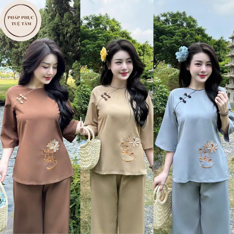 Tuệ Tâm Pháp phục đi chùa Nữ khuy tết Áo thêu chữ Cát Tường lụa trượt mềm mát Sang trọng - Top Đồ Lam Women